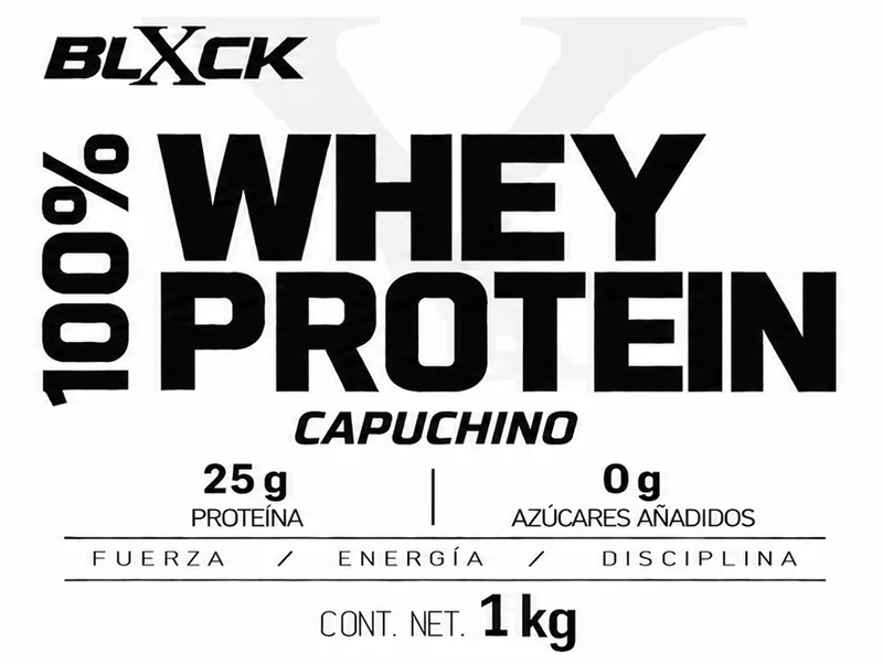 Etiqueta BLXCK 100% Whey Protein 1 kg, sabor Capuchino