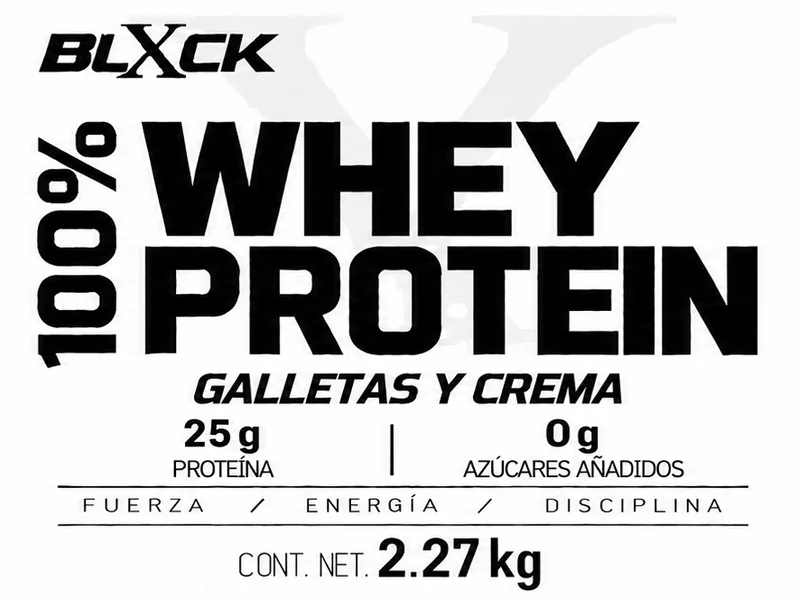 Etiqueta BLXCK 100% Whey Protein 2.27 kg, sabor Galletas y Crema